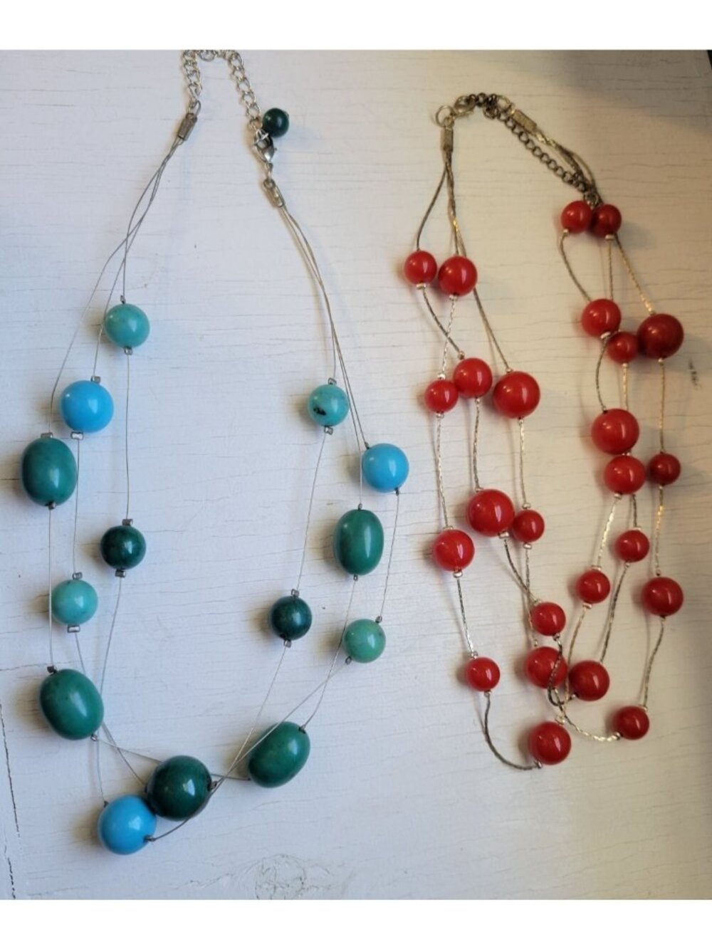 Bundle of Two Beaded Necklaces, Turquoise Blue, Green, Red, Silver Tone